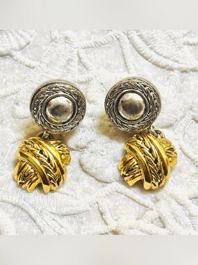 Vintage Oscar de la Renta Gold and Silver Drop Knot Basket Weave Earrings